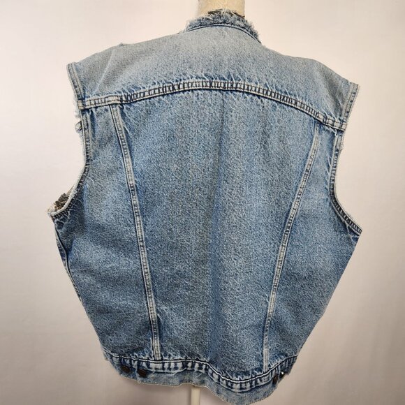 Levi's Mens Size Large Blue Denim Distressed Shredded Trucker Vest Jacket Grunge - Picture 12 of 14